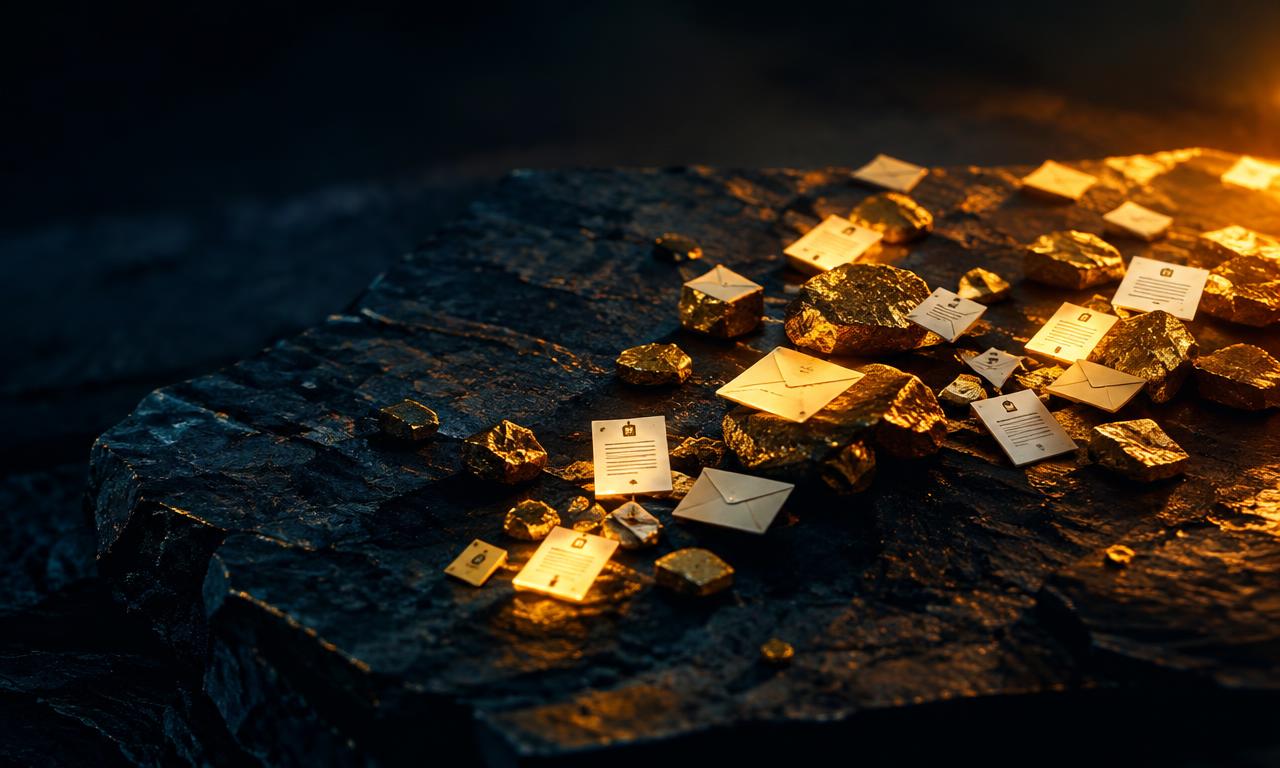 Gold nuggets and documents on dark stone